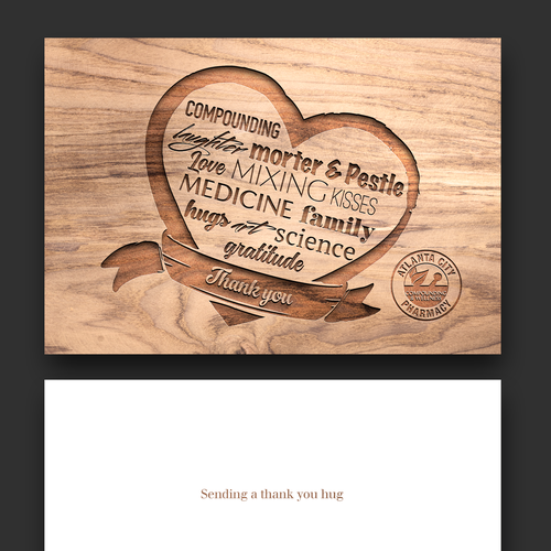 Wood texture design with the title 'Warm and loving Thank You card for the compounding pharmacy'