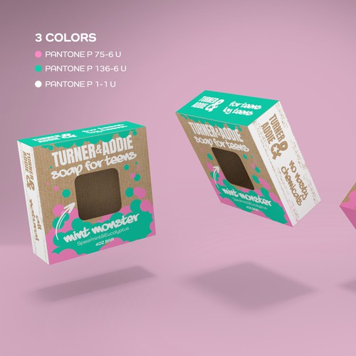 Soap packaging with the title 'Box for a teen-made soaps line'