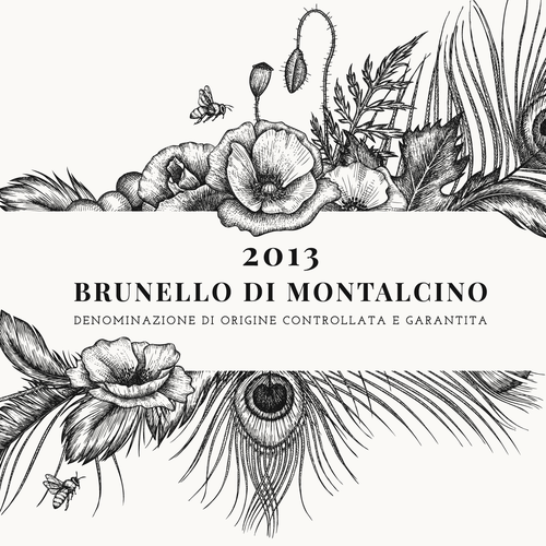 Peacock design with the title 'Illustration for Premium Wine Label of "Corte Pavone" Wine Estate in Montalcino, Toscana.'