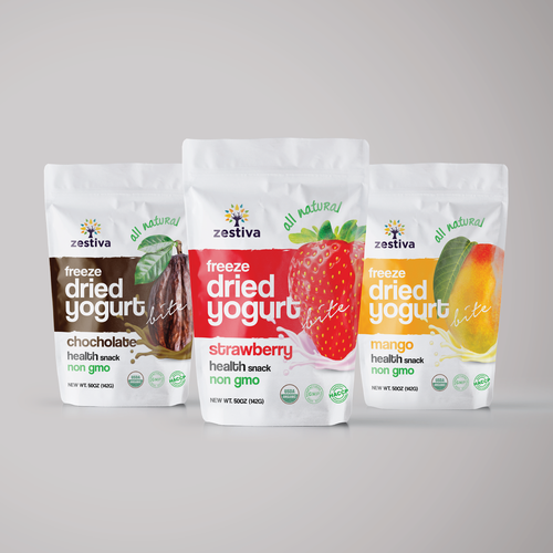 Mockup packaging with the title 'Design a Freeze Dried Strawberry Yogurt Bites for an organic food supplier'