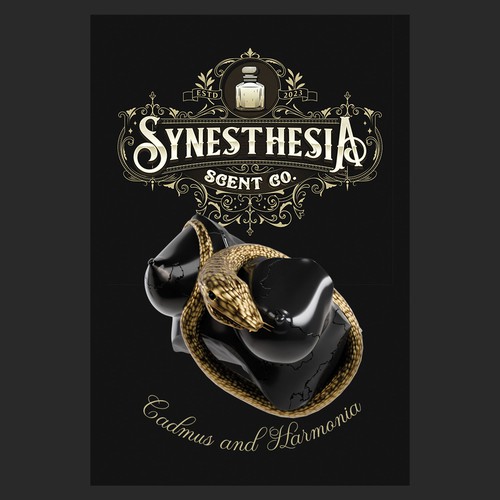 Black label with the title 'A dark perfume label for an independent perfume house inspired by classic paintings'