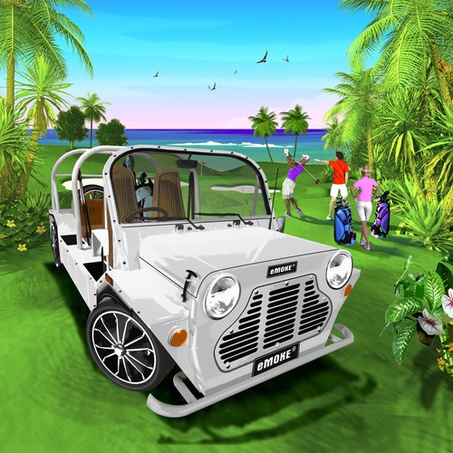 3D illustration with the title 'E-Moke on the golf course'