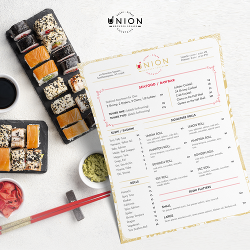 Sushi design with the title 'Union Steak & Sushi Dinner Menu'
