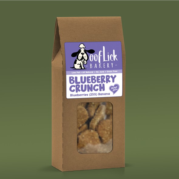 Dog food packaging with the title 'Blueberry Crunch'