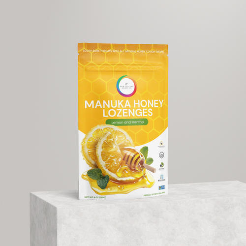 Honey packaging with the title 'Manuka Honey Lozenges Packaging'