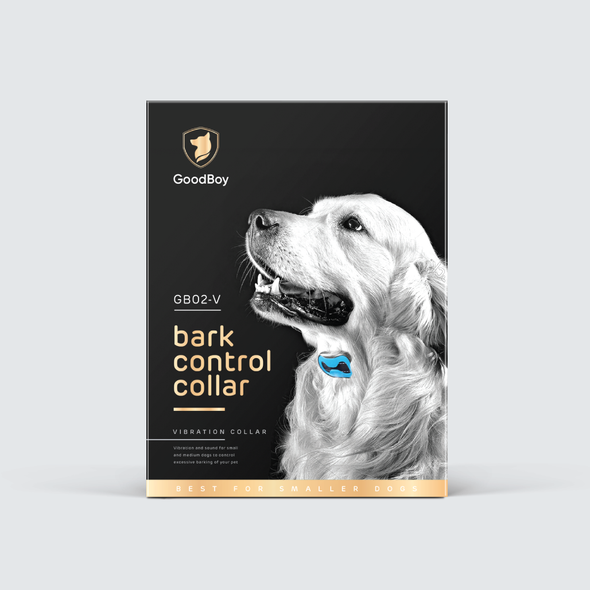 Retail packaging with the title 'Dog bark collar box'