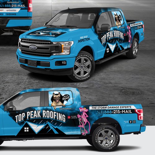 Roof design with the title 'Storm Damage Roofing Truck'