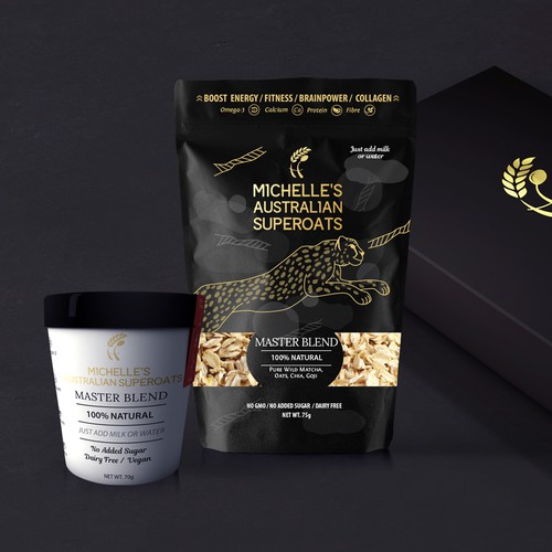 Black packaging with the title 'STUNNING Designs For SUPEROATS'