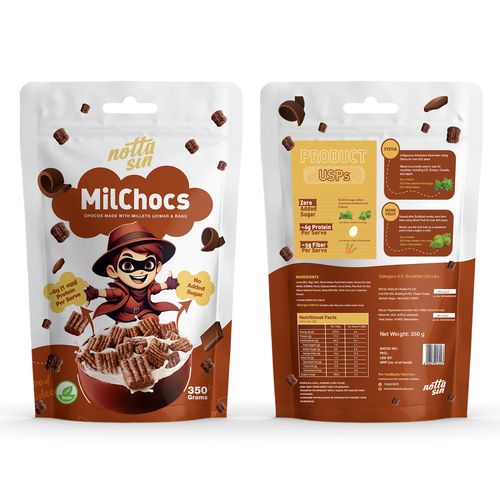 Breakfast food packaging with the title 'Choco cereal pouch packaging design'