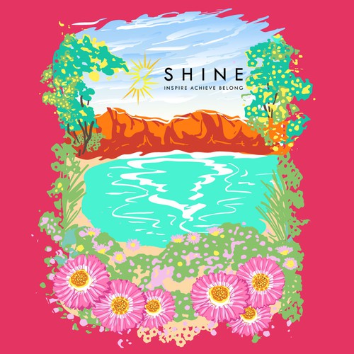 Feminine t-shirt with the title 'Vibrant West Australian land & sea scape t-shirt design for nonprofit supporting young women'