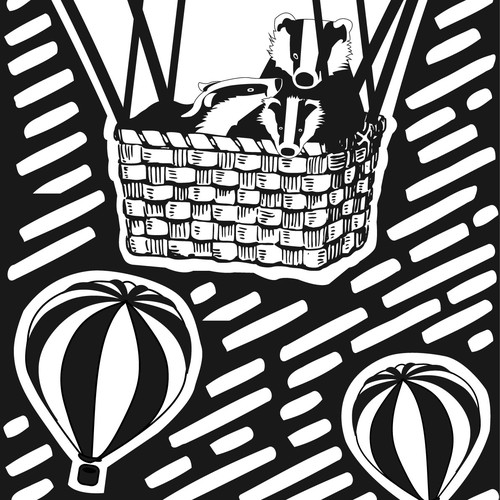 Black and white artwork with the title ' Illustration of badgers in hot air balloon'