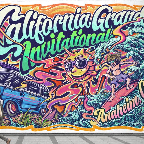 Cartoon illustration with the title 'California Grand murall'