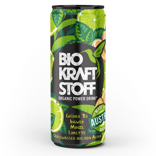 Energy drink design with the title 'Biokraftstoff'
