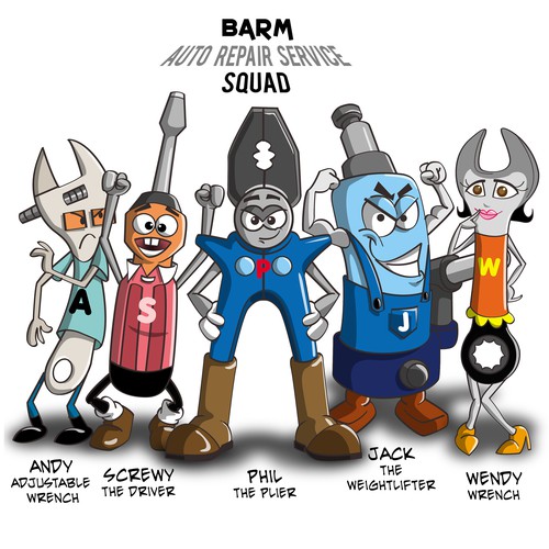 Cartoon artwork with the title 'Barm Auto Repair Service Squad'