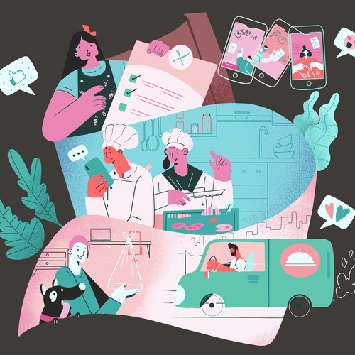 Flat design illustration with the title 'Ilustration for food delivery app'