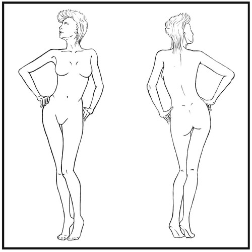 Sketch artwork with the title 'Sketch of a woman body posing (for clothing brand)'