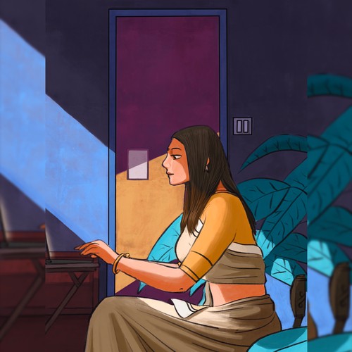 Indian artwork with the title 'Illustration for a client showing lockdown home office.'