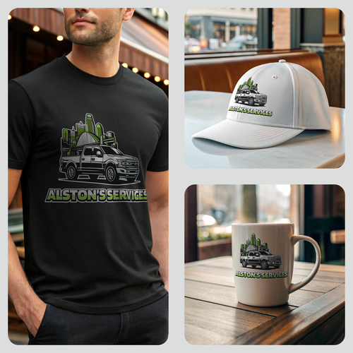 Lawn care logo with the title 'Alston’s Services — City, Strength & Service in Motion'