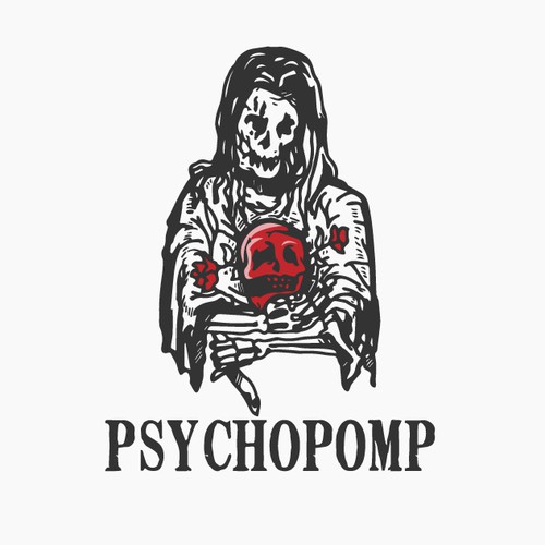 Skull illustration with the title 'psychopomp'