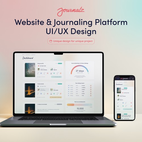 Journal design with the title 'Journalz website and journaling experience platform UI/UX design'