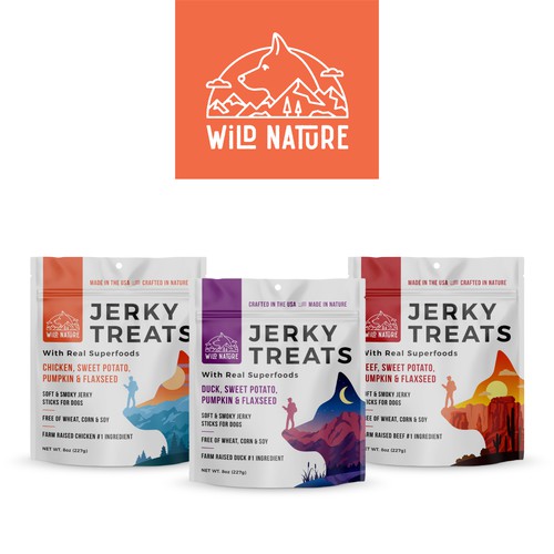 Illustration packaging with the title 'Logo, packaging desing and social media pack for dog treats'