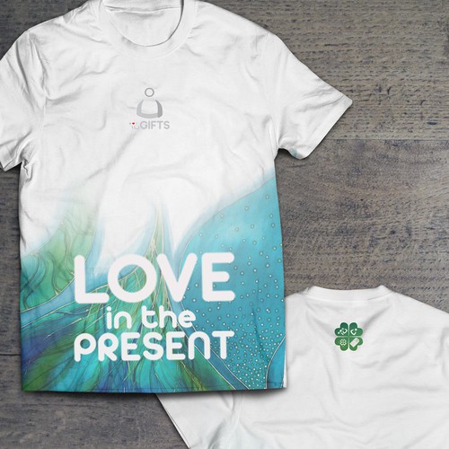Blue t-shirt with the title 'Love in the Present'