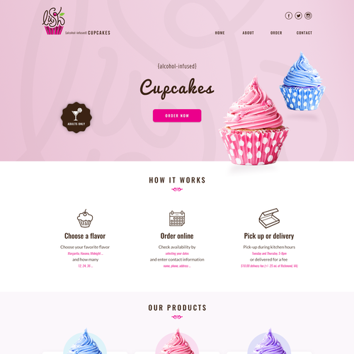 Pink website with the title 'Webdesign for Lush Cupcakes'