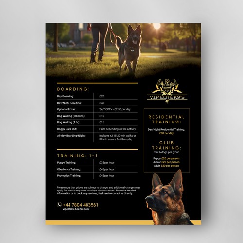 K9 design with the title 'Dog training and day boarding price list'