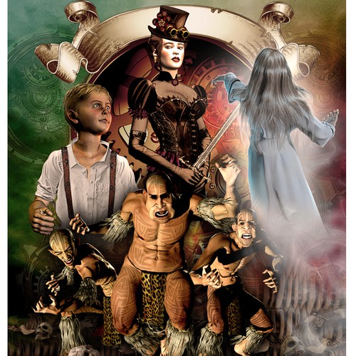 Steampunk artwork with the title 'Steampunk fantasy book cover'