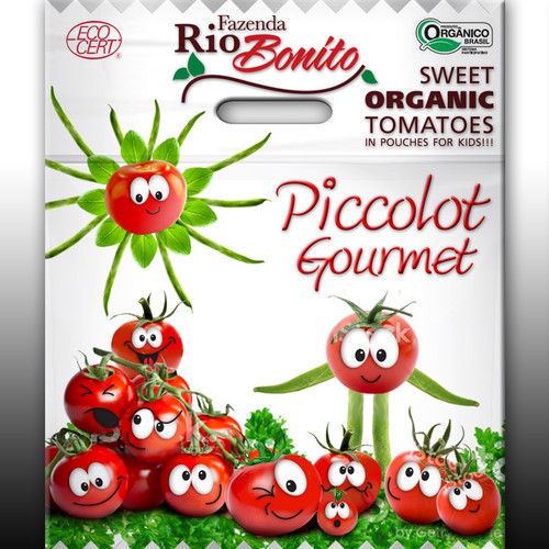 Bag packaging with the title 'Organic Tomatoes'