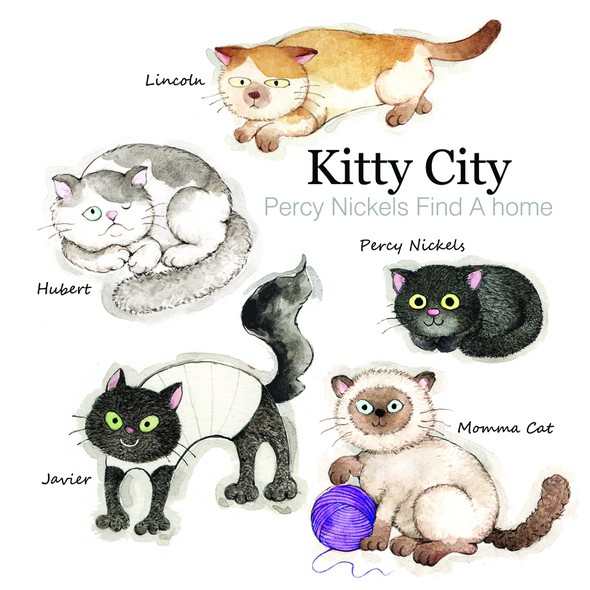 Watercolor illustration with the title 'Kitty City Children's Book - Sample Page with Title Needed'
