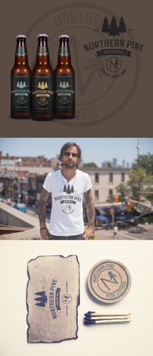 Glass bottle label with the title 'Create a vintage inspired logo that includes an outdoor element such as a pine tree, mountains, etc.'