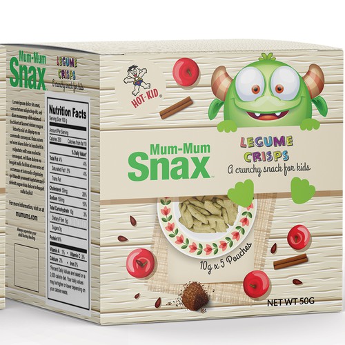 Kid design with the title 'Design Package for Mum-Mums Legume Crisps'