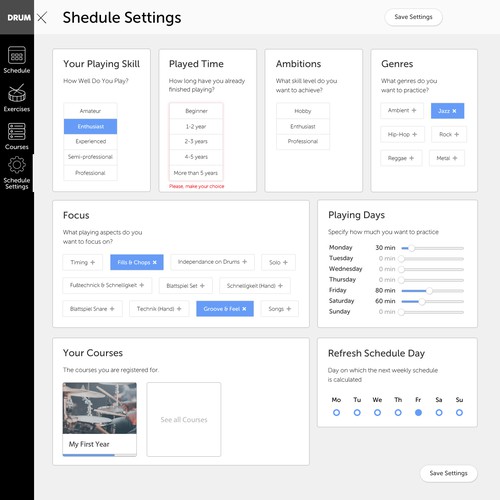 Admin design with the title 'Drum Lessons Shedule Page Interface for DrumX'