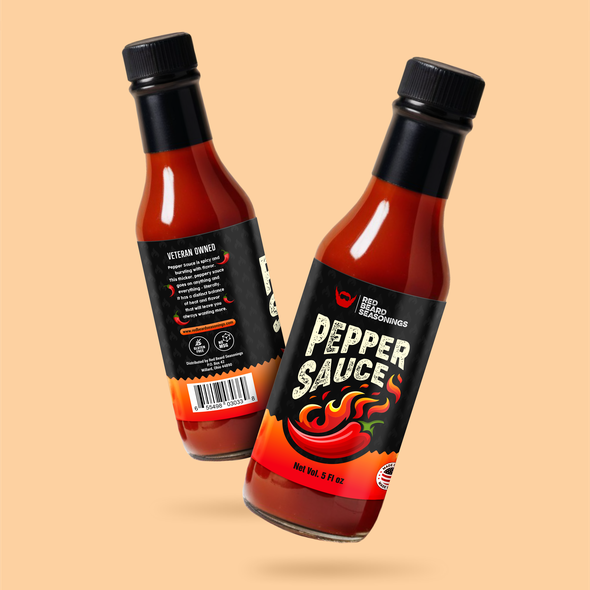 Label with the title 'PEPPER SAUCE BOTTLE LABEL DESIGN'