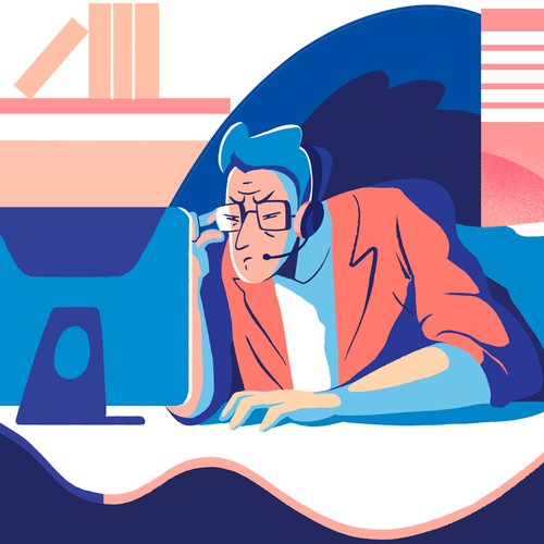 Animated illustration with the title 'working until late'