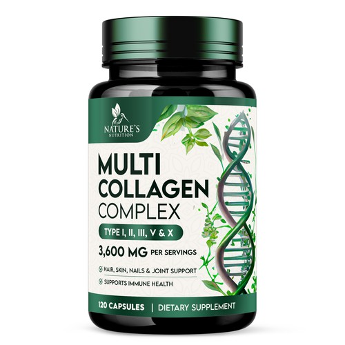Dietary supplement label with the title 'Beautiful, Multi-Collagen Design Needed for Nature's Nutrition'
