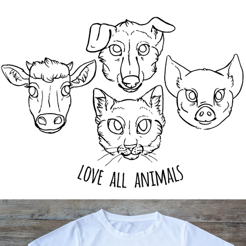 Cat t-shirt with the title '"Love All Animals" Vegan T-shirt design'