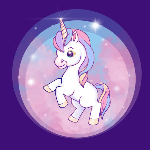 Unicorn artwork with the title 'charackter design for children merchandice'