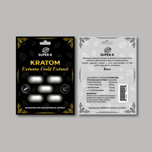 Supplement packaging with the title 'Package for Kratom extreme gold extract'