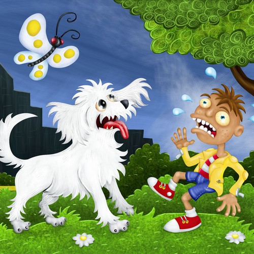 Green artwork with the title 'boy and dog'