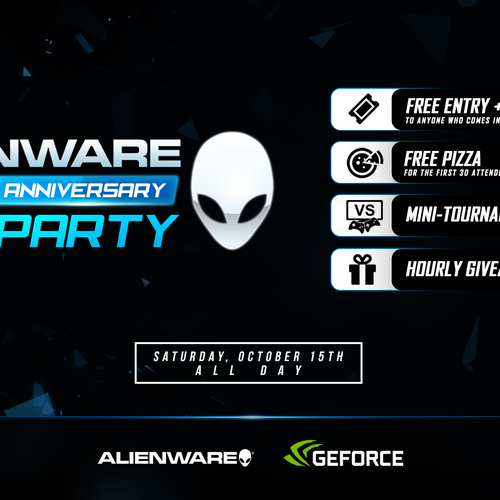 Party illustration with the title 'Alienware 20th Anniversary LAN Party'
