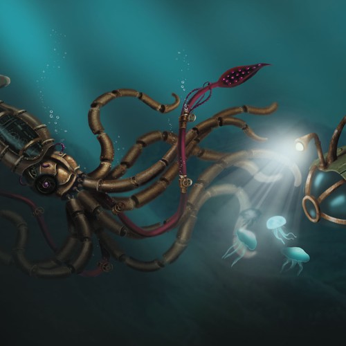 Steampunk illustration with the title 'Steampunk squid'