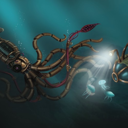Fantasy artwork with the title 'Steampunk squid'