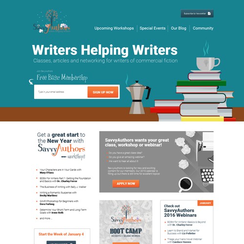 Workshop design with the title 'Website providing workshops for authors and writers'