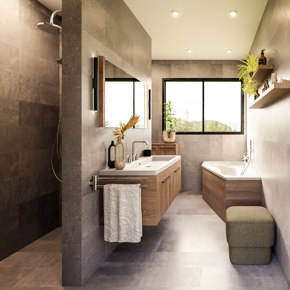 Bathroom design with the title '3D Visualization for a Modern Bathroom'