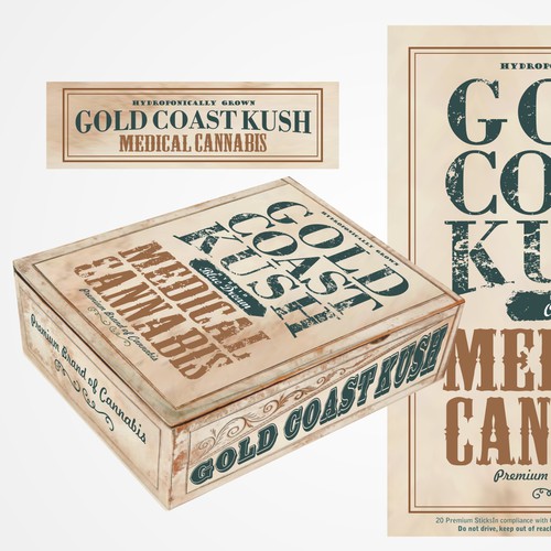 Cannabis label with the title 'New product label wanted for Gold Coast Kush'