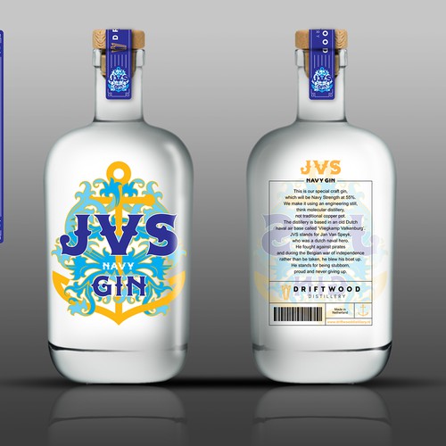 Navy design with the title 'Simple, luxury and bold bottle label for JVS Navy Gin, Netherland'