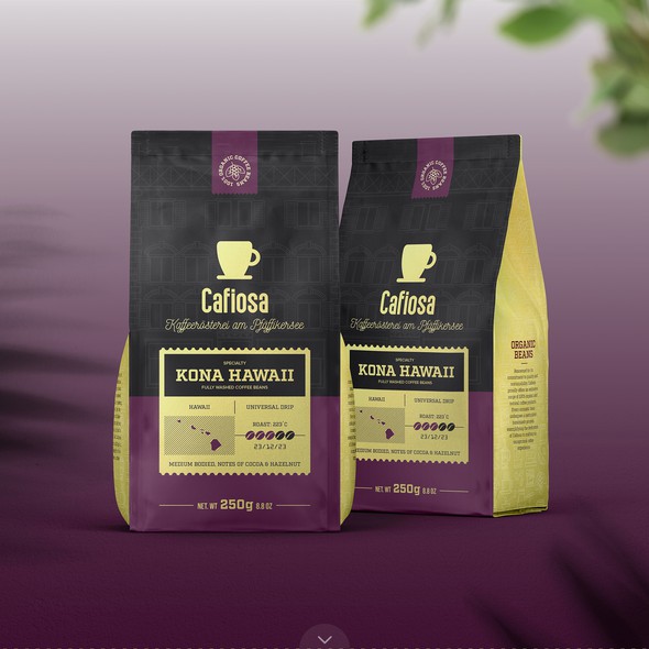 Retail packaging with the title 'Elegant Coffee Bag Concept of Cafiosa'