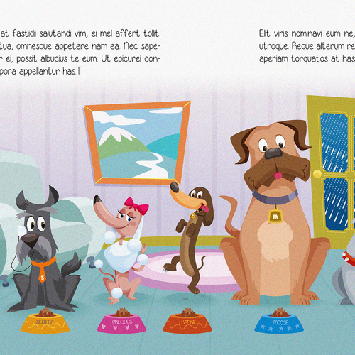 Dog illustration with the title ' Children's book illustrations with playful dogs that have BIG personalities'